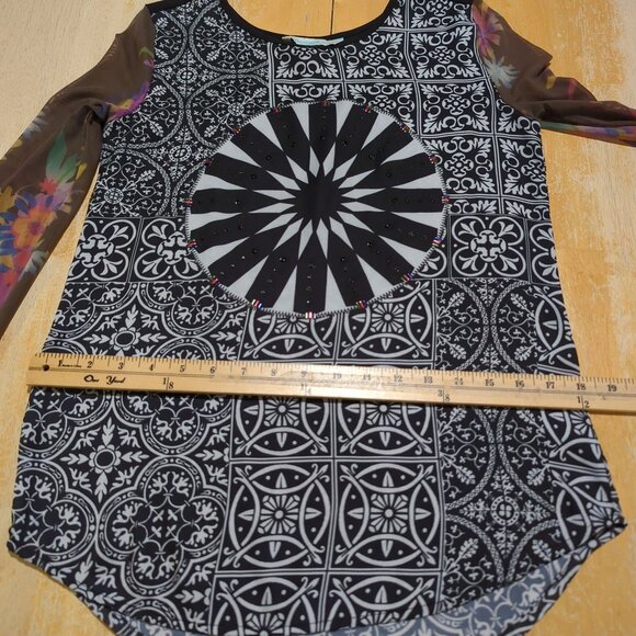 Desigual Women's Long Sleeve Geometric Print Tunic Top With Sheer Floral Sleeves - Picture 11 of 12